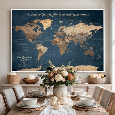 86810631-MGV-CV-36X24 - Our Family Adventures Push Pin World Map Wall Art Canvas Print - Family Travel Tracker Map with Pins
