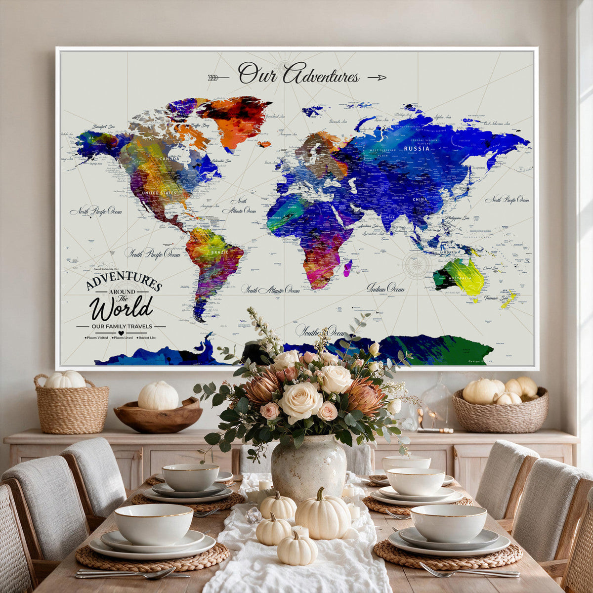 88162438-MGV-CV-36X24 - Our Family Adventures Push Pin World Map Wall Art Canvas Print | Family Travel Tracker Map with Pins