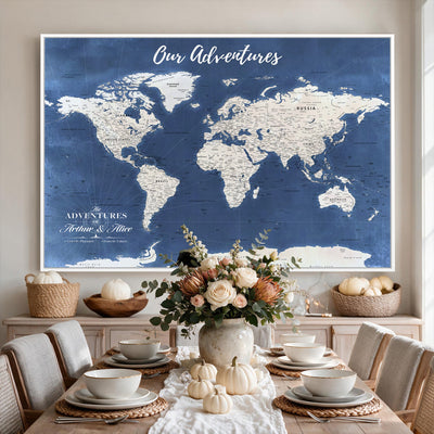 75405527-MGV-CV-36X24 - Extra Large Framed Personalize Push Pin World Map Wall Art Canvas Print for Travel Tracking - NEWMAP-113A
