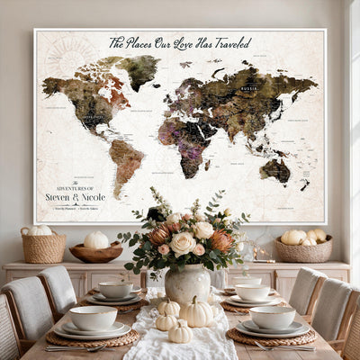 18074626D3D-MGV-CV-36X24 - Extra Large Framed Personalized Push Pin World Map Wall Art Canvas Print for Travel Tracking