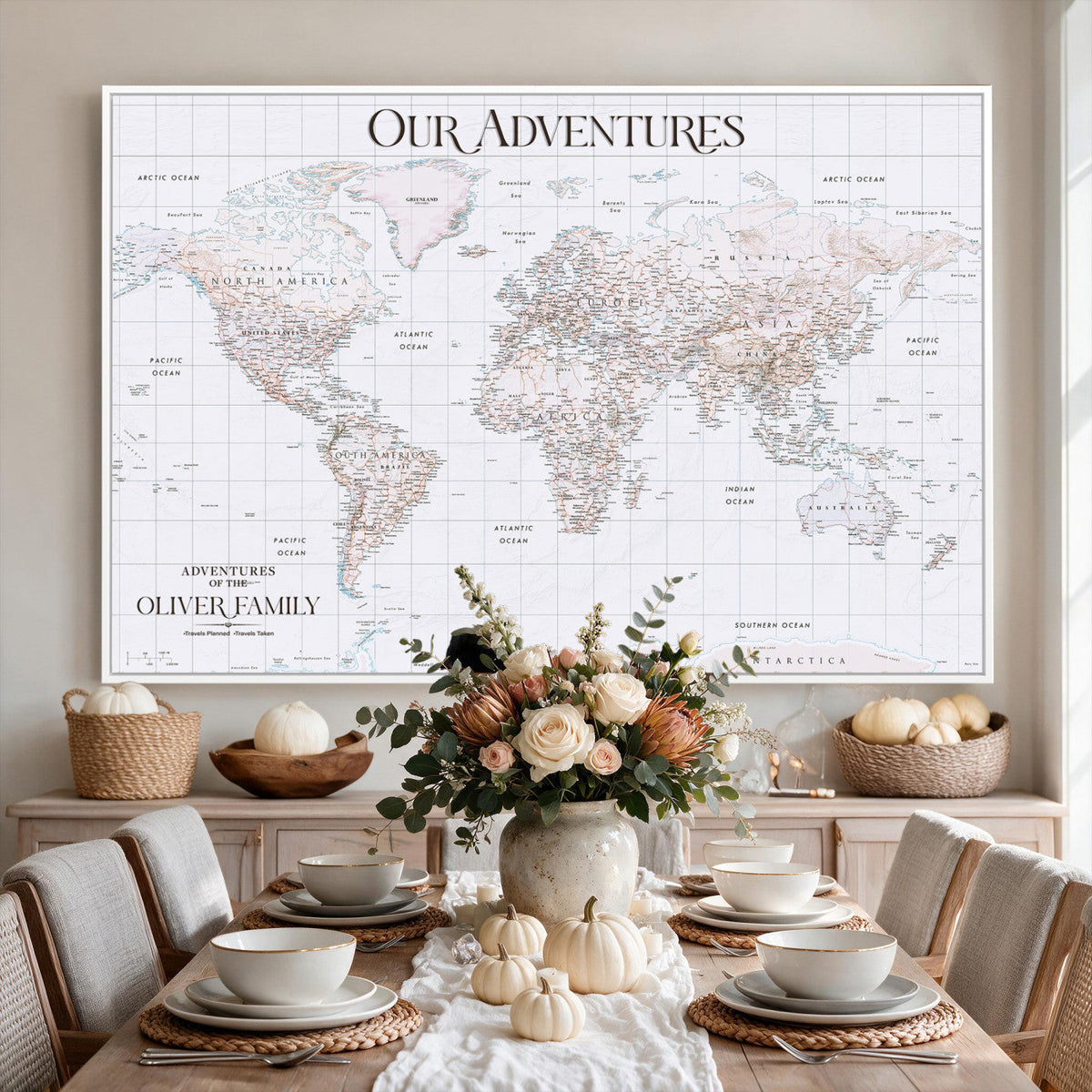 18074626D3DD-MGV-CV-36X24 - Extra Large Framed Personalized Push Pin World Map Wall Art Canvas Print for Travel Tracking