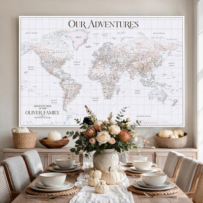 18074626D3DD-MGV-CV-36X24 - Extra Large Framed Personalized Push Pin World Map Wall Art Canvas Print for Travel Tracking