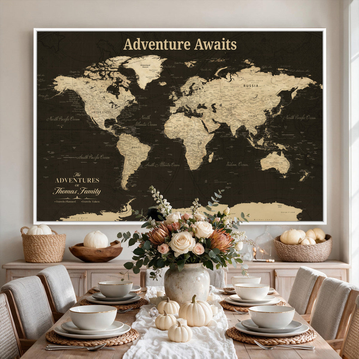 Custom Beige Modern World Travel Map Wall Art with Pins, Family Travel Tracker, Dining Room and Entryway Decor