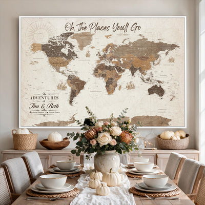 Personalized Beige Geometric Family Push Pin World Map Canvas Print, Honeymoon and Anniversary Gift, Living Room and Study Decor
