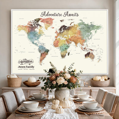 Personalized Framed Beige Modern Push Pin Travel Map Canvas Print, Family Travel Tracker, Bedroom and Home Office Decor