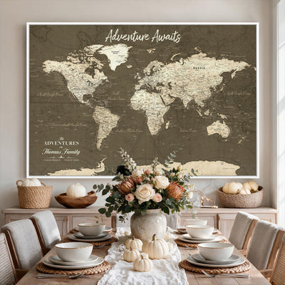 Personalized White Modern World Travel Map Wall Art with Pins, Honeymoon and Anniversary Gift, Living Room and Dining Room Decor