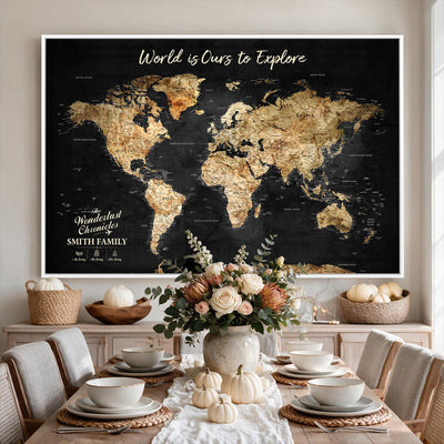 Personalized Beige Push Pin Travel Map Canvas Print, Family Travel Tracker, Bedroom and Entryway Decor