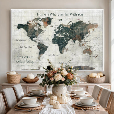 Personalized Framed Beige Push Pin Travel Map Canvas Print, Family Travel Tracker, Home Office and Hallway Decor