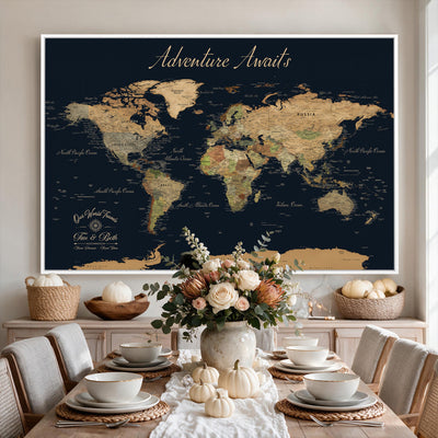 Custom Beige Push Pin World Map Wall Art, Family Travel Tracker, Home Office and Study Decor