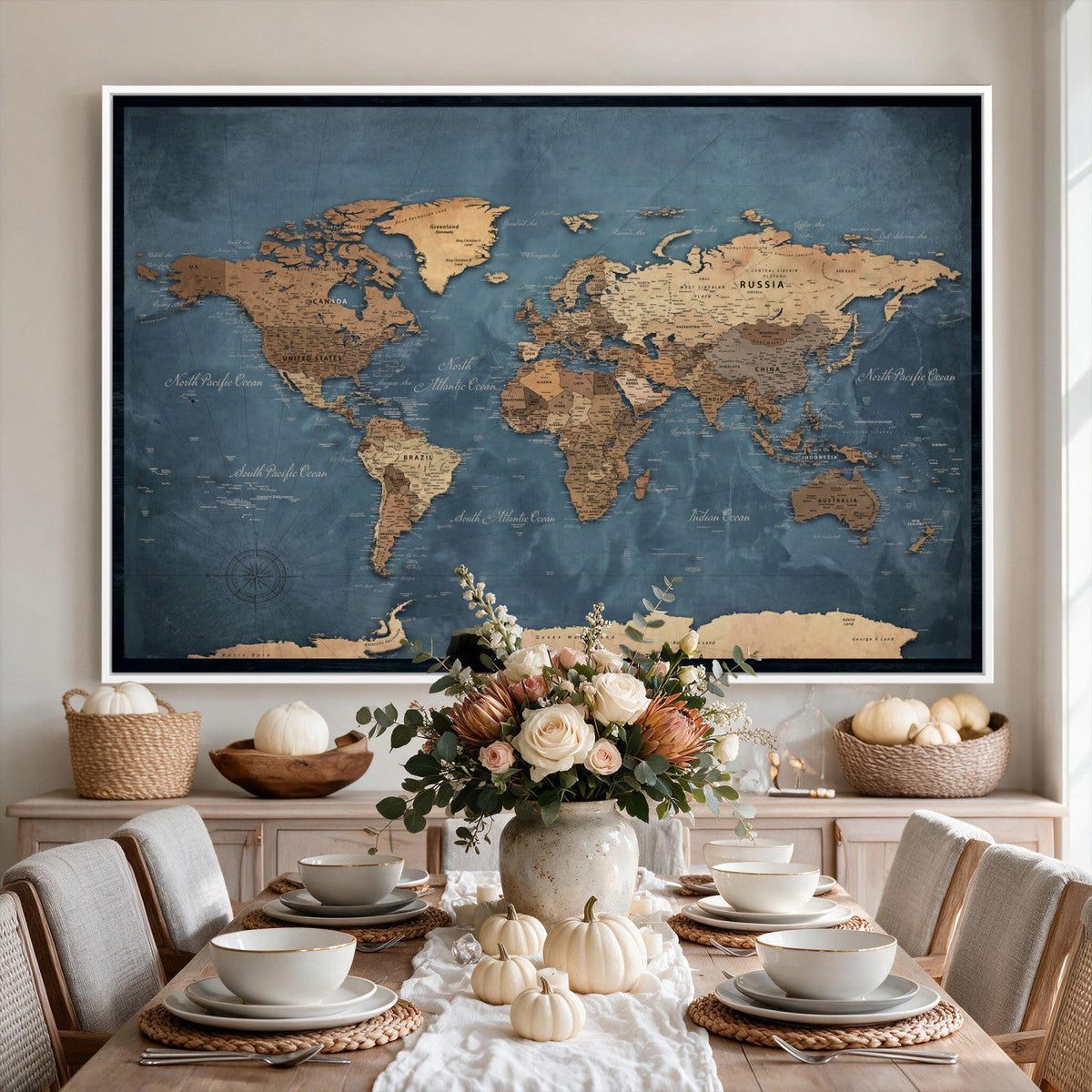81949666D-MGV-CV-36X24 - Custom Push Pin World Map Wall Art Canvas Print – Personalized Travel Tracker with Pins Framed Large for Home and Office Decor