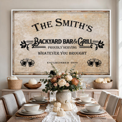 Custom Backyard Bar & Grill Sign, Personalized Family Name Arch Canvas