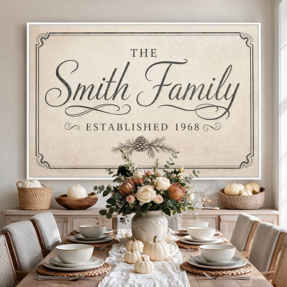 Personalized family name sign in a classic farmhouse interior