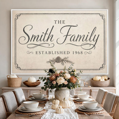 Personalized family name sign in a classic farmhouse interior