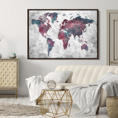 Push Pin World Map Canvas Print – Framed Wall Art for Couples to Track Their Travels – Anniversary Gift or Home Adventure Decor