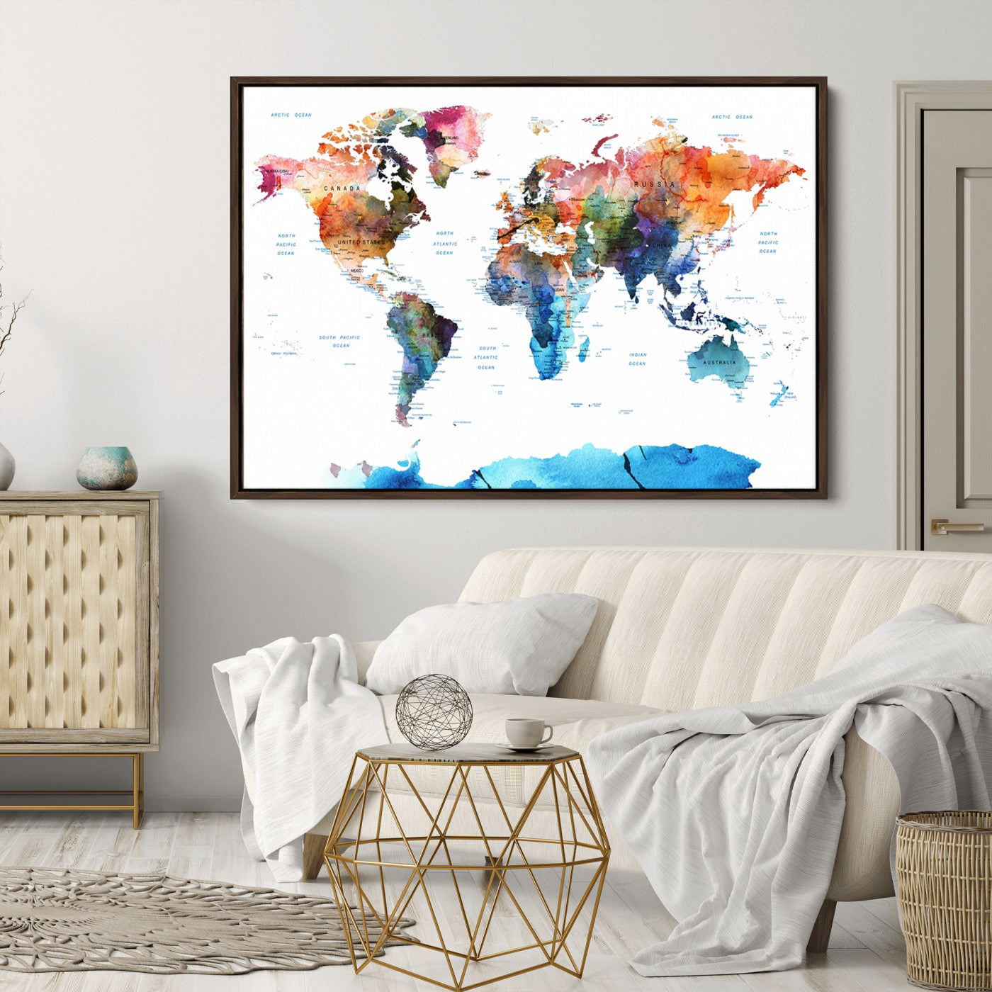 Push Pin World Map Canvas Print – Framed Wall Art for Couples to Track Their Travels – Anniversary Gift or Home Adventure Decor