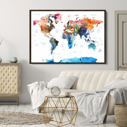 Push Pin World Map Canvas Print – Framed Wall Art for Couples to Track Their Travels – Anniversary Gift or Home Adventure Decor