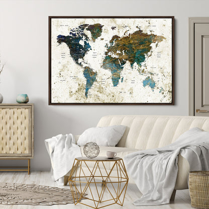Vintage World Map Wall Art Canvas Print, Framed Rustic Earth Map Art Picture Print, Antique Map Perfect Rustic Vintage Decor Artwork