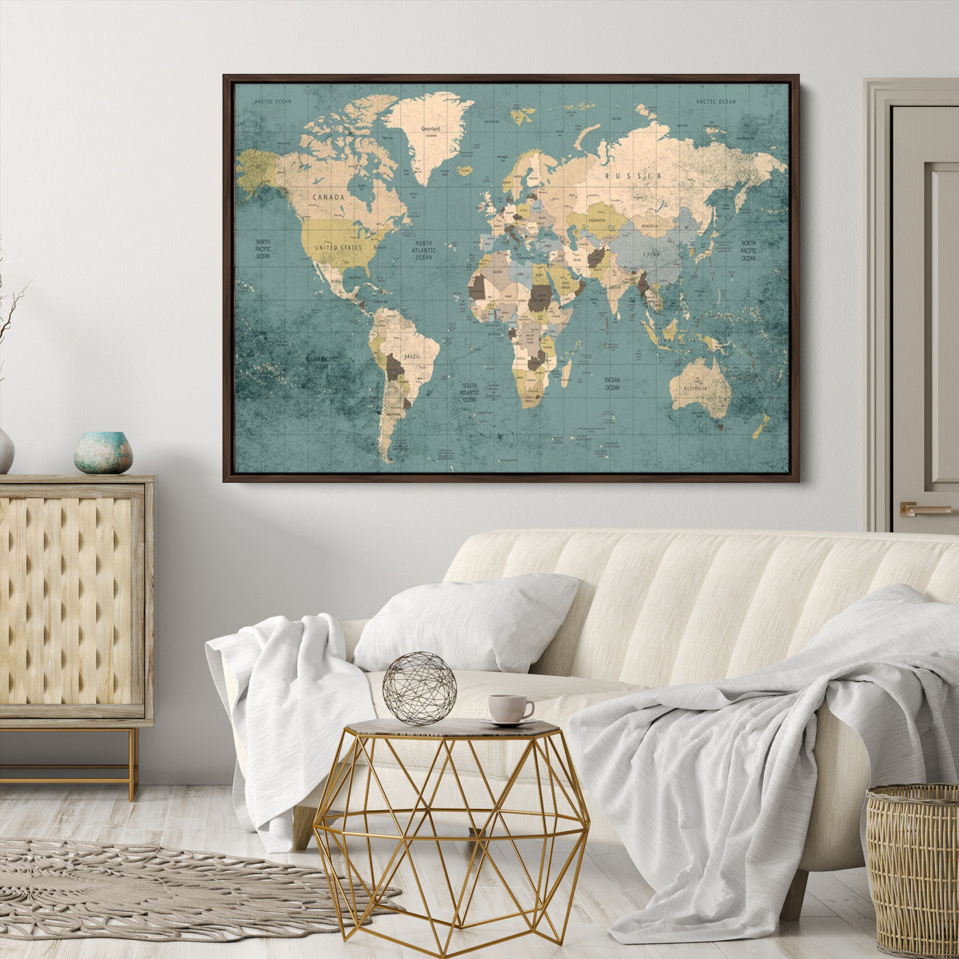 Classic World Map Wall Art Canvas Print, Framed Retro Map Art Picture Print, Vintage Atlas Perfect Rustic Explorer Decor Artwork