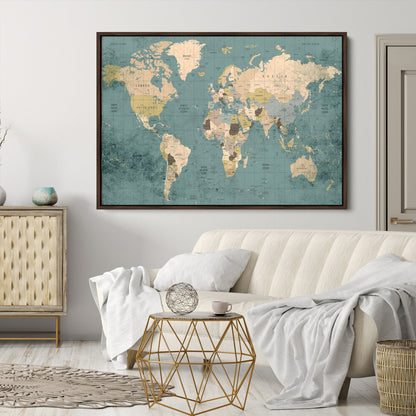 Classic World Map Wall Art Canvas Print, Framed Retro Map Art Picture Print, Vintage Atlas Perfect Rustic Explorer Decor Artwork