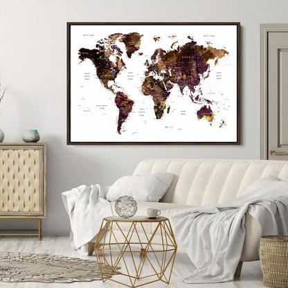 Push Pin World Map Canvas Print – Framed Wall Art for Couples to Track Their Travels – Anniversary Gift or Home Adventure Decor