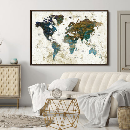 Push Pin World Map Canvas Print – Framed Wall Art for Couples to Track Their Travels – Anniversary Gift or Home Adventure Decor