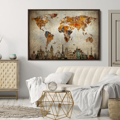 Push Pin World Map Canvas Print – Framed Wall Art for Couples to Track Their Travels – Anniversary Gift or Home Adventure Decor
