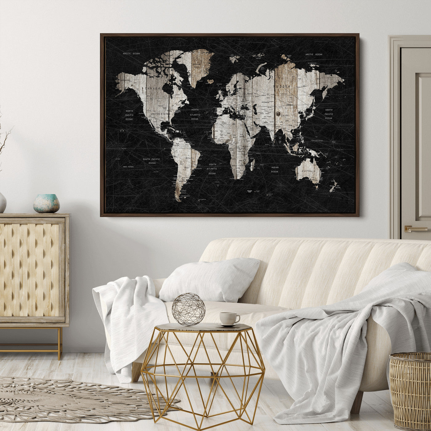 Push Pin World Map Canvas Print – Framed Wall Art for Couples to Track Their Travels – Anniversary Gift or Home Adventure Decor