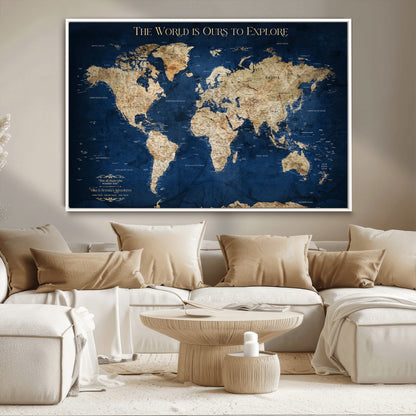 Custom World Map Wall Art – Personalized Framed Canvas Print with Push Pins for Travel Tracking, Anniversary or Couple Gift Ideas - H2-2