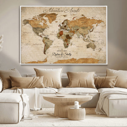 20810820-MGV-CV-30X20-Personalized World Map Print, Customizable Push Pin Framed World Map Print on Canvas - Custom Quote on Map Print