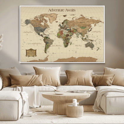 74480507-MGV-CV-36X24-Custom Push Pin World Map Wall Canvas Print – Personalized Travel Tracker with Pins – Framed Custom Quotie Canvas for Home Office Decoration