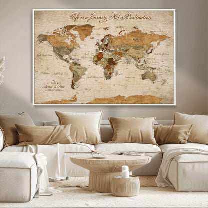 79036691-MGV-CV-30X20-Custom Push Pin World Map Wall Canvas Print – Personalized Travel Tracker with Pins – Framed Custom Quotie Canvas for Home Office Decor