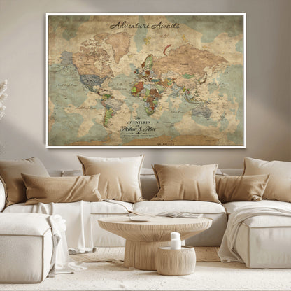60798273-MGV-CV-30X20-Custom Push Pin World Map Wall Canvas Print – Personalized Travel Tracker with Pins – Framed Custom Quotie Canvas for Home Office Decor