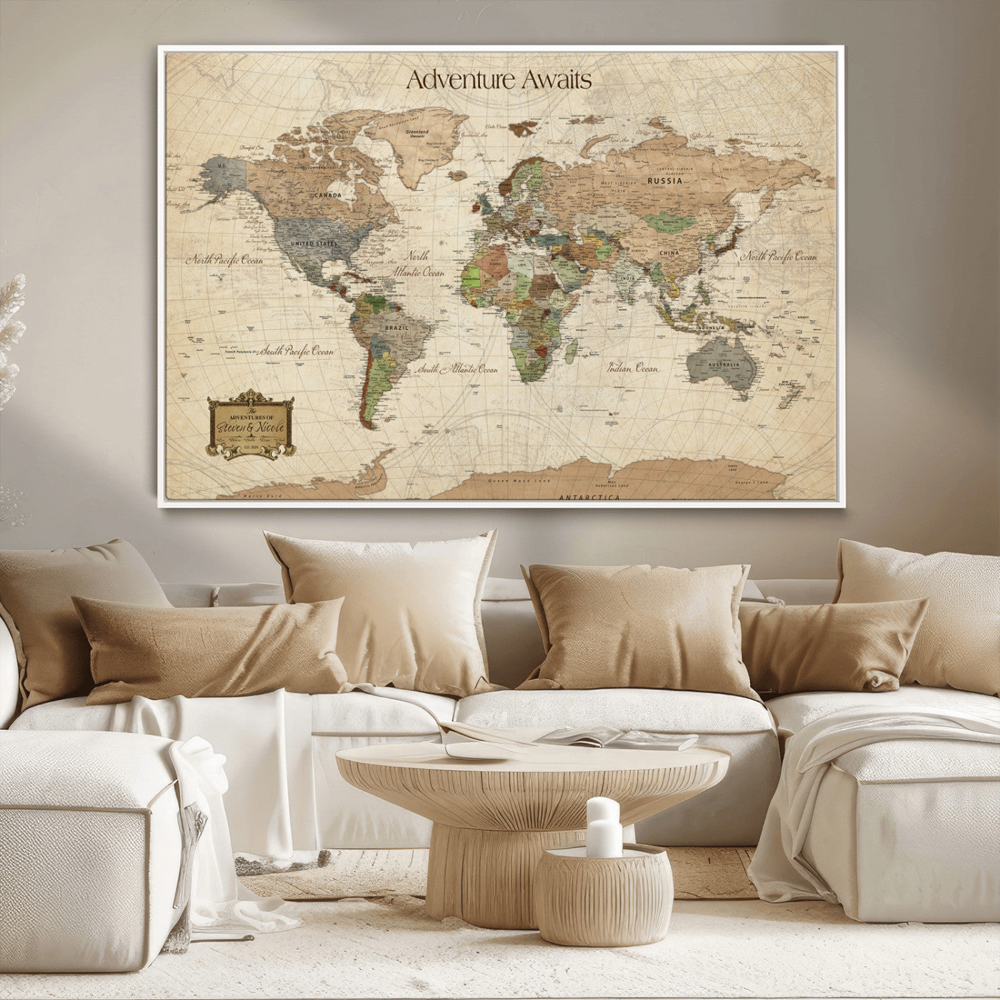 33020399-MGV-CV-30X20-Custom Push Pin World Map Wall Canvas Print – Personalized Travel Tracker with Pins – Framed Custom Quotie Canvas for Home Office Decor