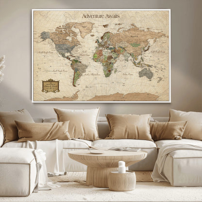 33020399-MGV-CV-30X20-Custom Push Pin World Map Wall Canvas Print – Personalized Travel Tracker with Pins – Framed Custom Quotie Canvas for Home Office Decor