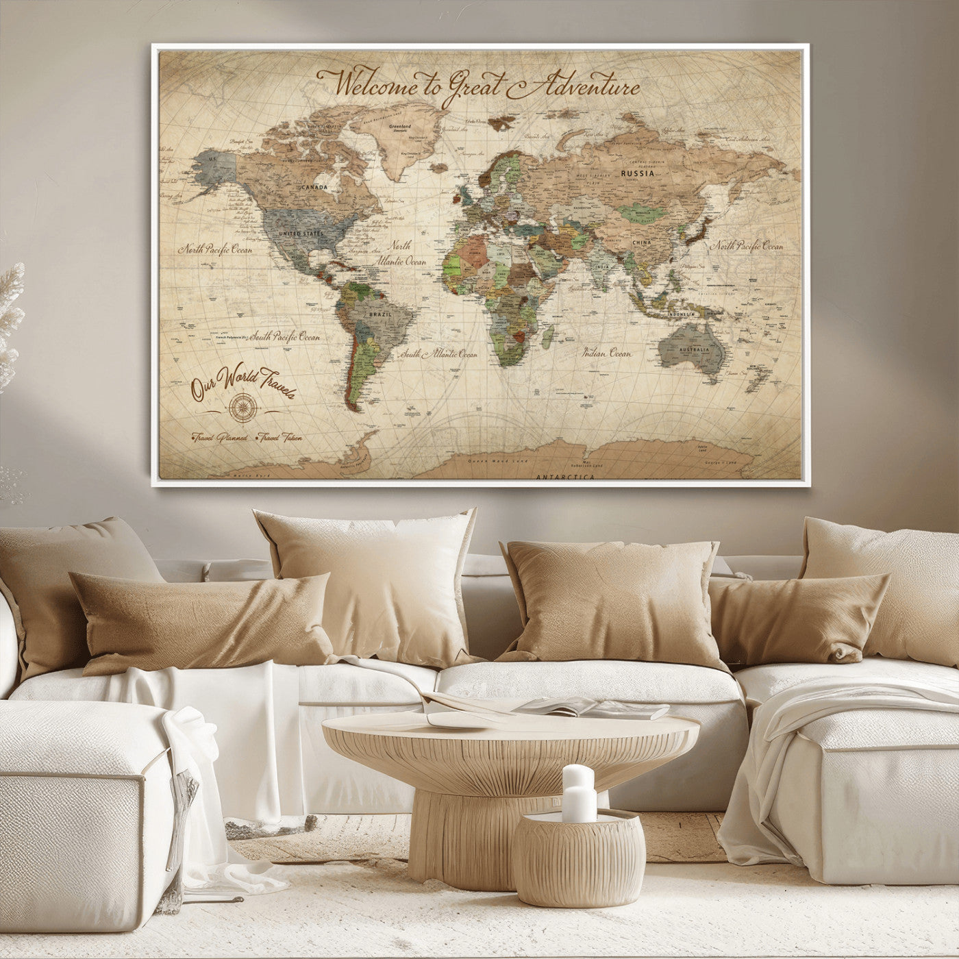 76478536-MGV-CV-30X20-Custom Push Pin World Map Wall Canvas Print – Personalized Travel Tracker with Pins – Framed Custom Quotie Canvas for Home Office Decor