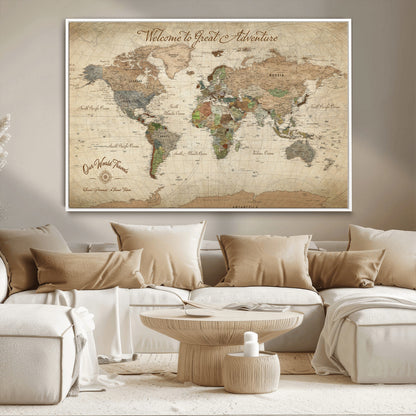 76478536-MGV-CV-30X20-Custom Push Pin World Map Wall Canvas Print – Personalized Travel Tracker with Pins – Framed Custom Quotie Canvas for Home Office Decor