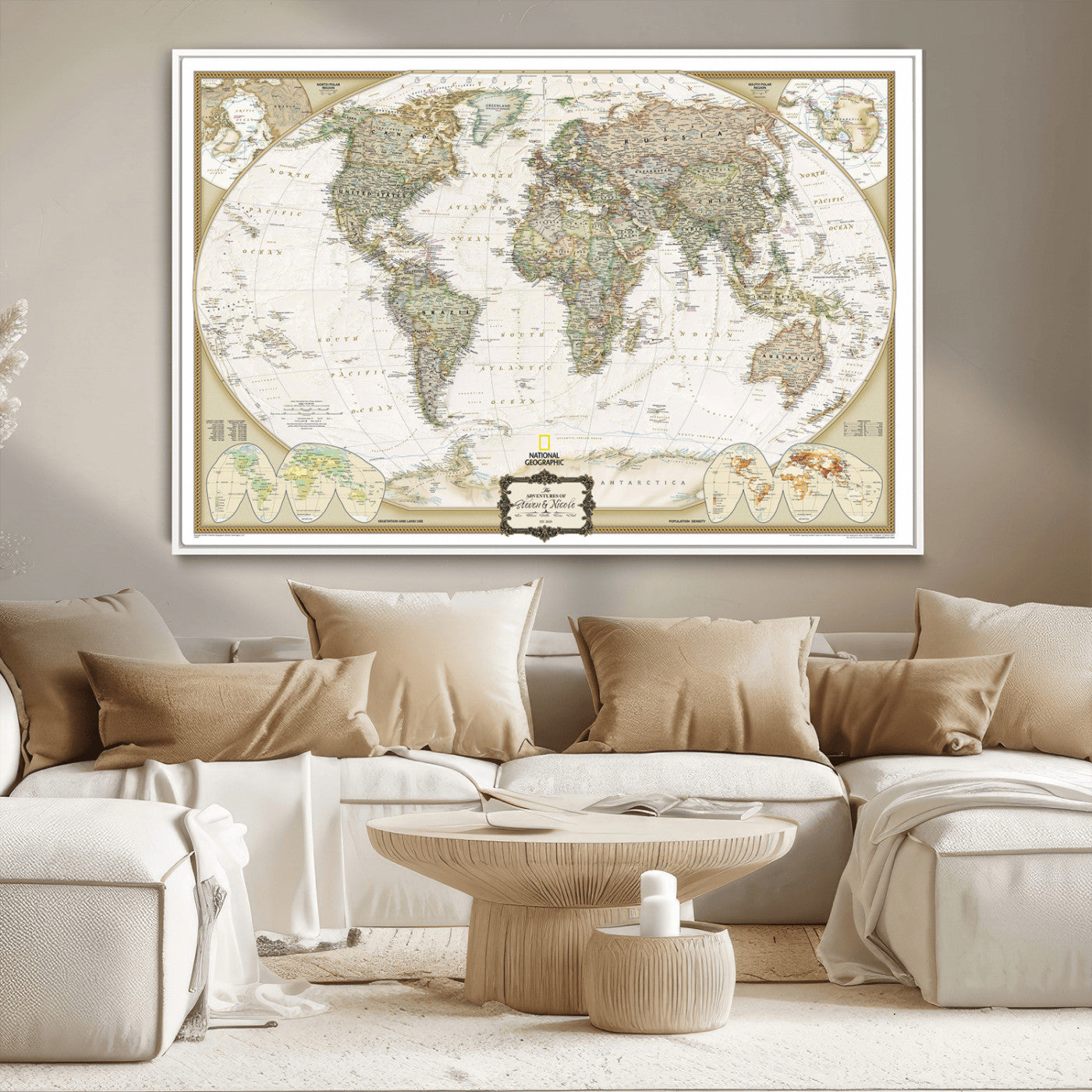 Custom Push Pin World Map Wall Art Canvas Print – Personalized National Geopraphic Map for Travel Plan – Framed Customize Animal Map for Stady Room Decor
