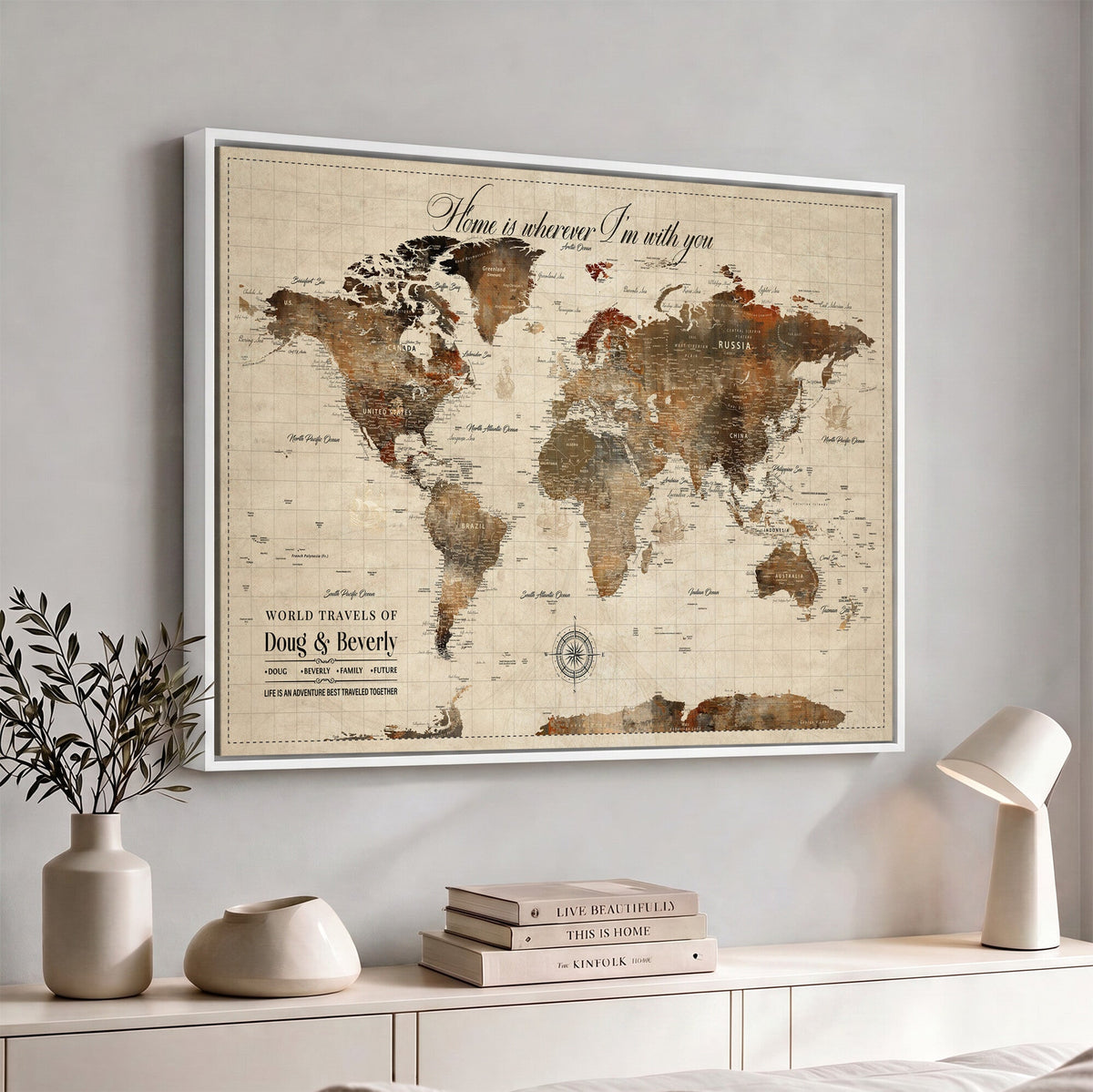 Large Custom Framed Beige Vintage World Travel Map Wall Art with Pins, Couples Countries Visited Map, Living Room and Hallway Decor
