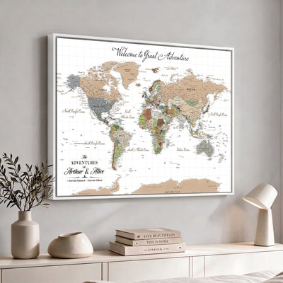 85396539-MGV-CV-36X24 - Custom Beige Push Pin World Map Wall Art, Bucket List Map, Study and Hallway Decor