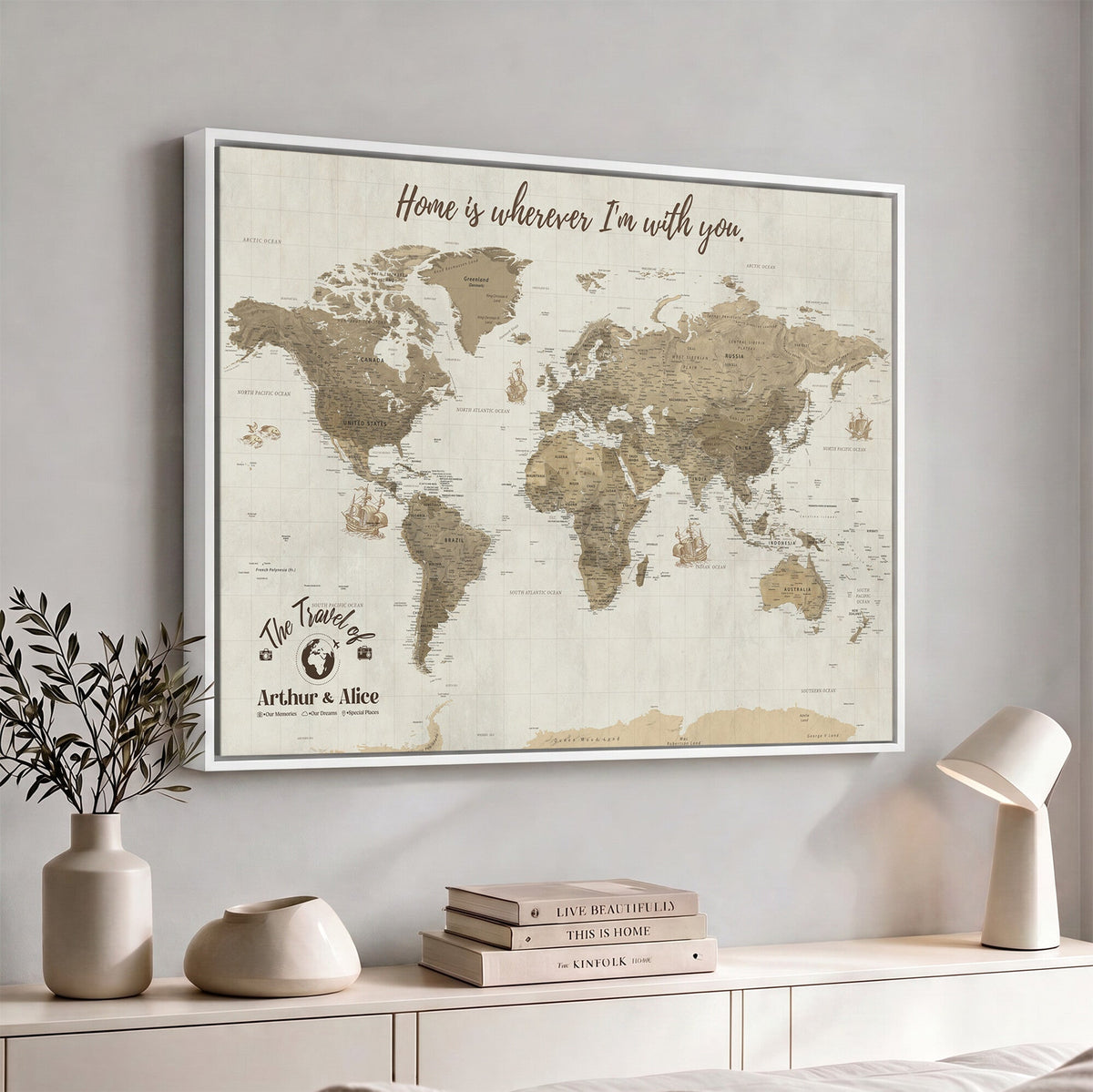 Custom Beige Geometric World Map Canvas with Push Pins, Honeymoon and Anniversary Gift, Dining Room and Hallway Decor