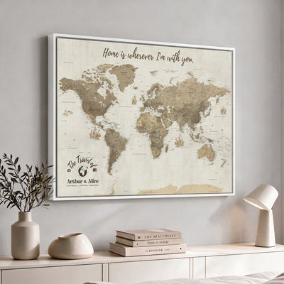 Custom Beige Geometric World Map Canvas with Push Pins, Honeymoon and Anniversary Gift, Dining Room and Hallway Decor