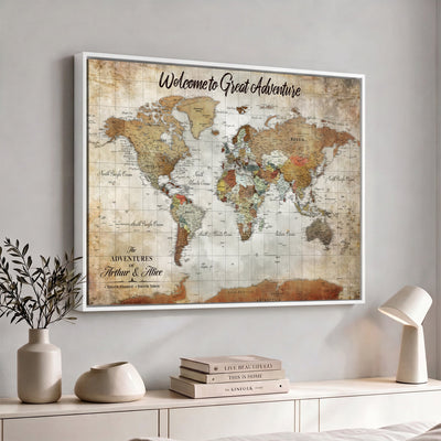 Personalized Beige Push Pin World Map Wall Art, Bucket List Map, Living Room and Family Room Decor