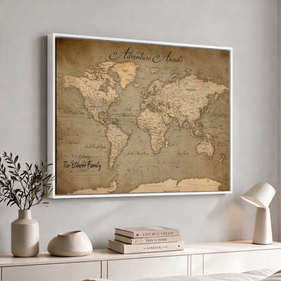 Personalized Framed Beige World Travel Map Wall Art with Pins, Family Travel Tracker, Family Room and Entryway Decor