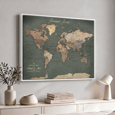 Personalized Framed Beige Modern World Map Canvas with Push Pins, Bucket List Map, Family Room and Dining Room Decor