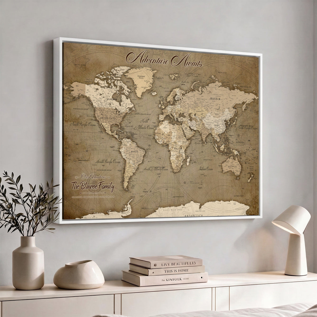 Custom Beige Modern Push Pin World Map Canvas Print, Family Travel Tracker, Dining Room and Home Office Decor
