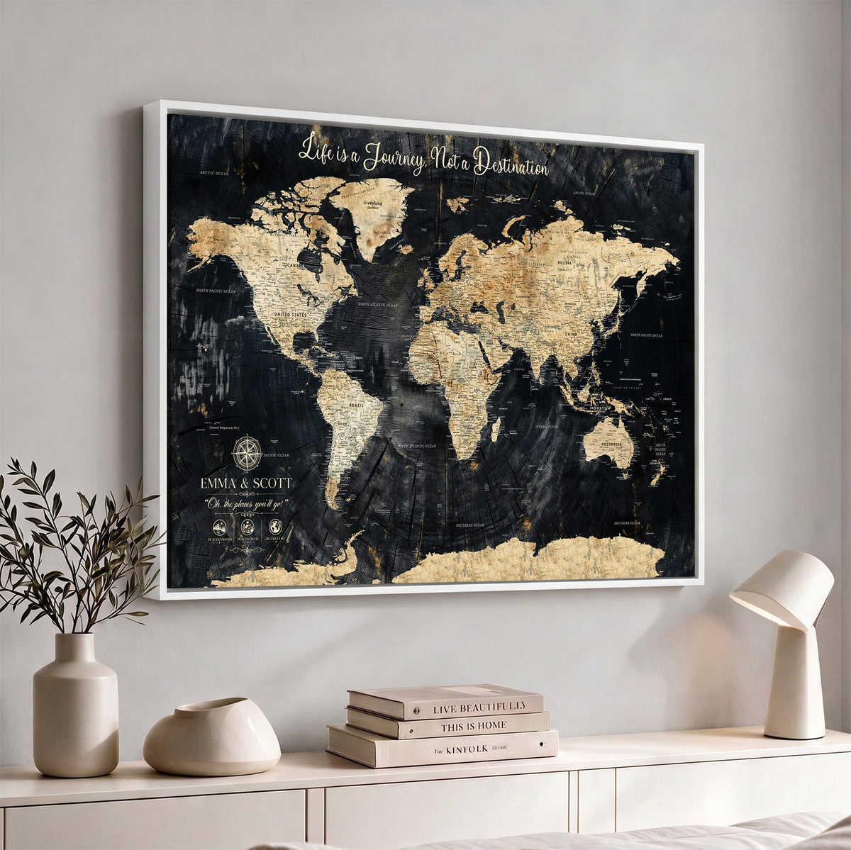 Personalized Framed Navy Modern Push Pin World Map Canvas Print, Couples Countries Visited Map, Family Room and Study Decor