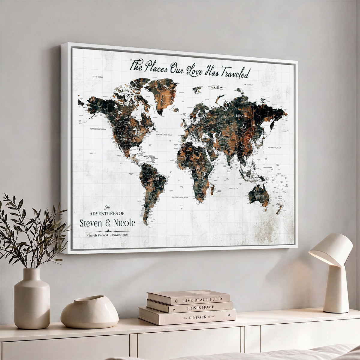 Personalized Beige Push Pin World Map Canvas Print, Honeymoon and Anniversary Gift, Living Room and Dining Room Decor