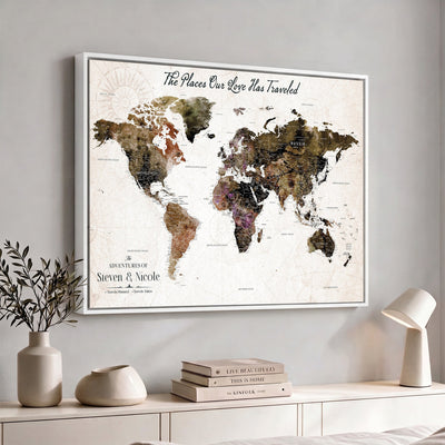 34345515-MGV-CV-36X24 - Custom Push Pin World Map Wall Art Canvas Print | Personalized Travel Tracker with Pins Framed Large for Home and Office Decor