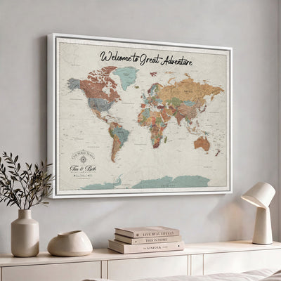Custom Beige Push Pin World Map Canvas Print, Bucket List Map, Dining Room and Home Office Decor