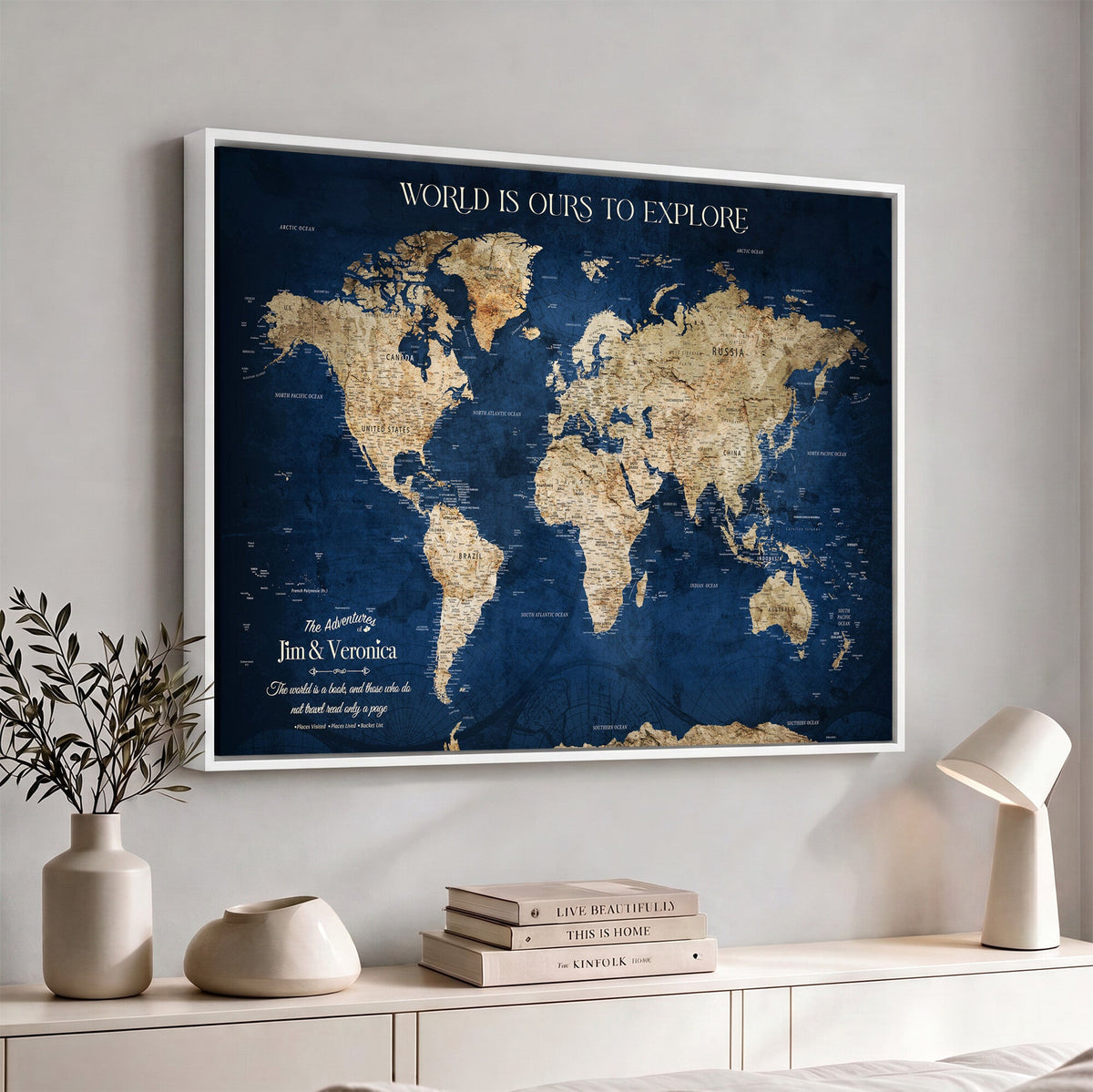 35296308-MGV-CV-36X24 - Custom Push Pin World Map Wall Art Canvas Print | Personalized Travel Tracker with Pins Framed Large for Home and Office Decor